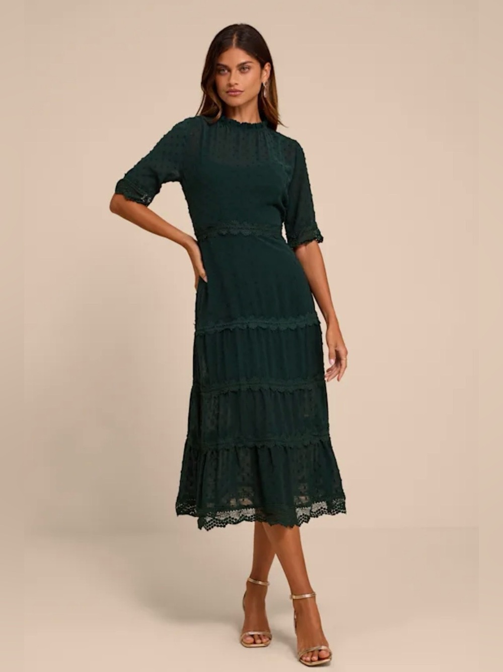 Lulu’s Elegant Dark Green Lace Midi Dress